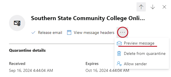 Three dot icon selected with preview message underlined